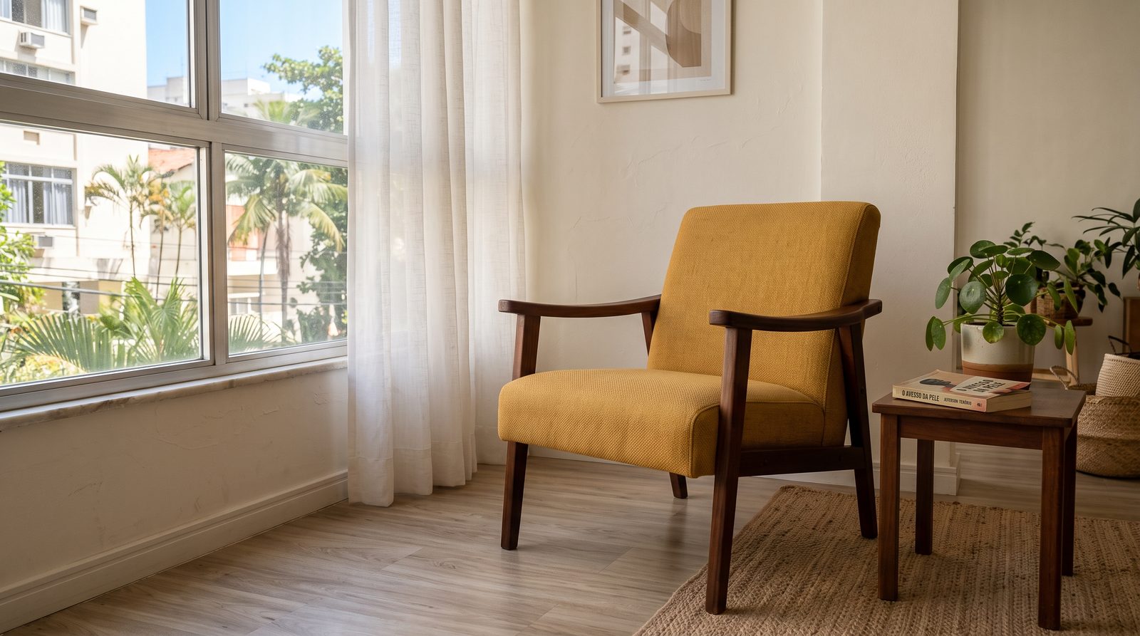 Poltrona restaurada em tecido mostarda na sala do cliente