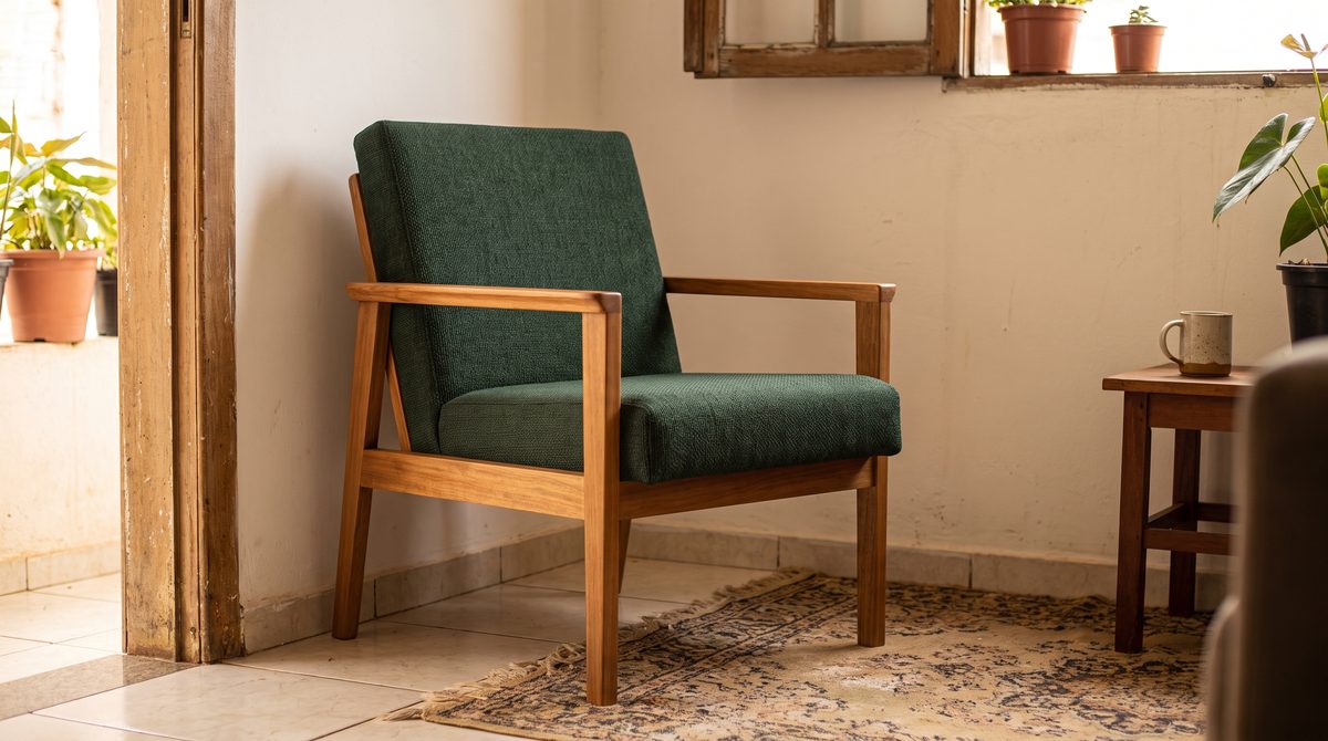 Poltrona antiga de madeira restaurada com tecido verde novo