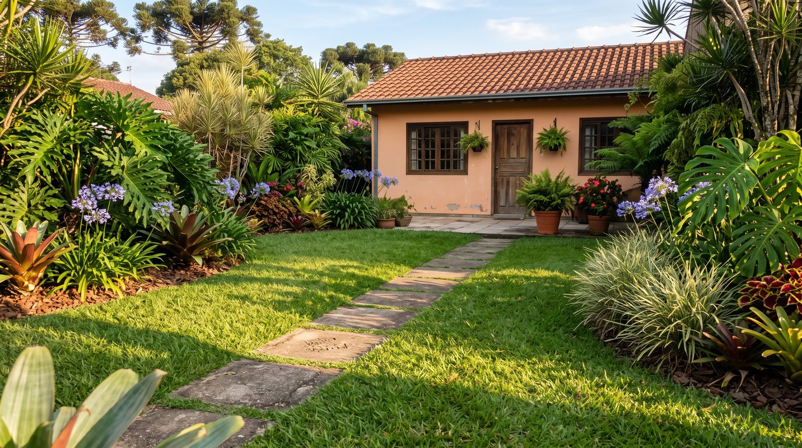 Jardim residencial com gramado aparado