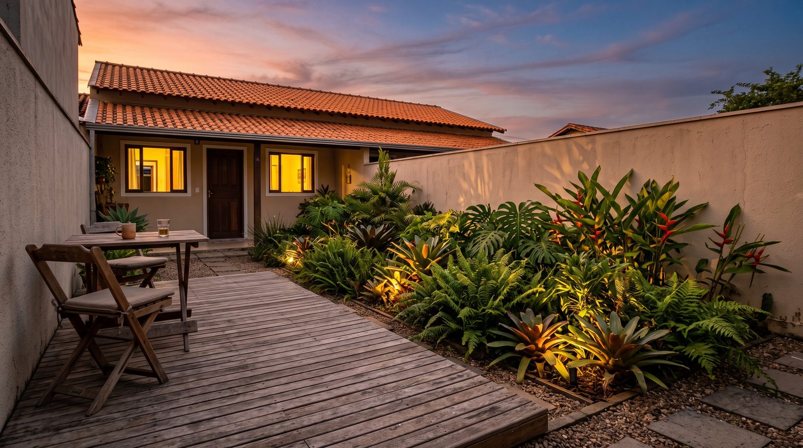 Deck de madeira com canteiro iluminado ao entardecer