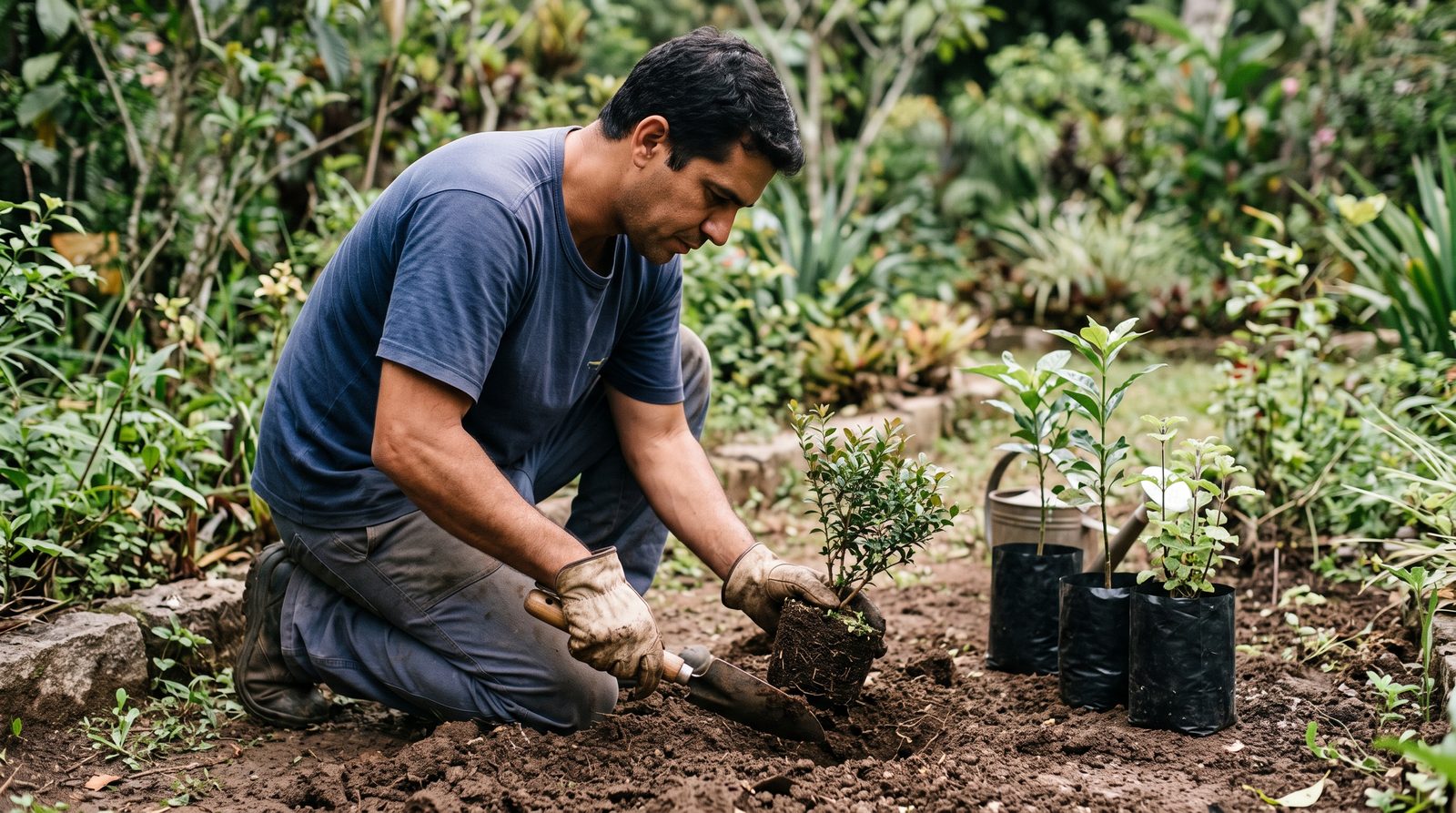 Paisagista plantando um arbusto no canteiro