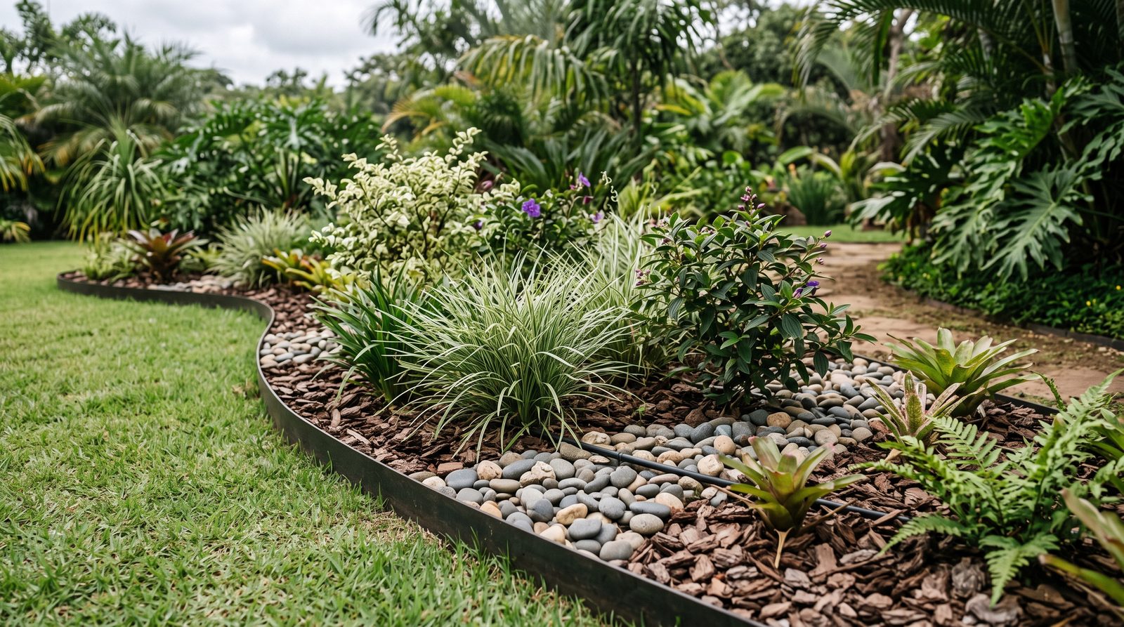 Canteiro com pedras decorativas, forrações e irrigação por gotejamento