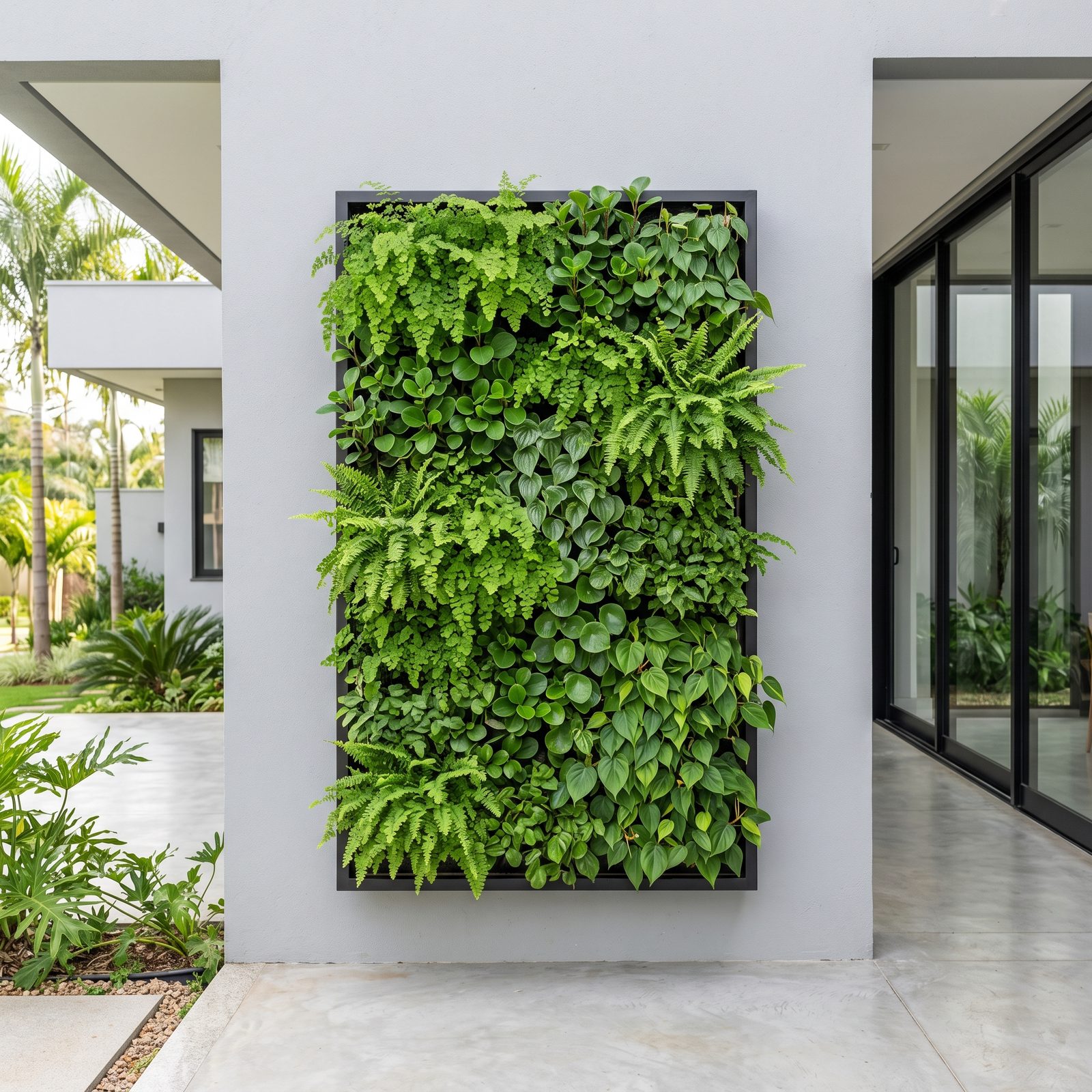 Jardim vertical instalado em parede externa