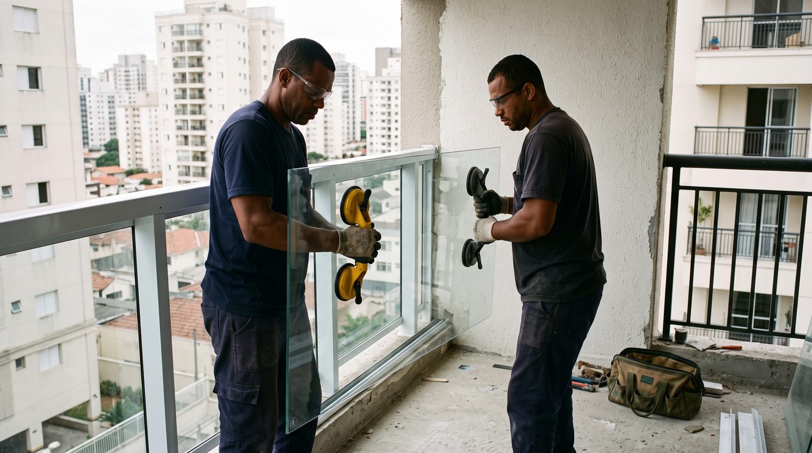 Dois vidraceiros instalando um painel de vidro com ventosas em uma sacada